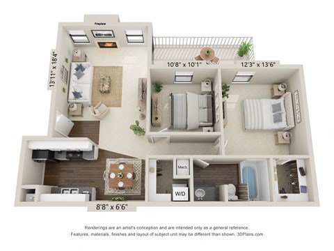 Floor plan for 2 beds, 1 bath, 811 sqft